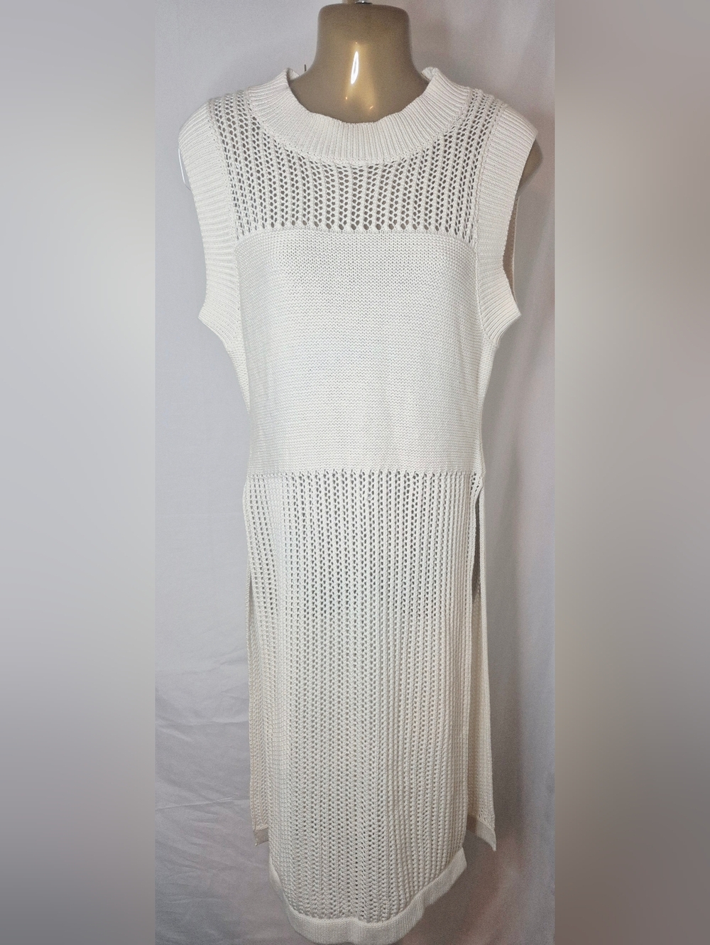 Miss Love Bohemian Open-Knit Sleeveless Maxi Dress in Cream With Side Slits Sz S